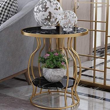 Imagem de Mesa lateral mármore + mesa de centro arte de ferro sala de estar suporte de revistas de 2 camadas pequena mesa redonda quarto mesa de cabeceira mesa de armazenamento 19,6" × 22,20 cm (cor: preto)