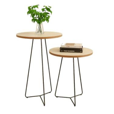 Imagem de Mesa de Canto para Sala, Mesa de Canto Industrial, Kit 2 Mesas Apoio Lateral Redonda Pés de Ferro Preto(Off-White com Freijó)