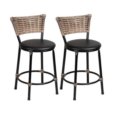 Imagem de Banqueta Baixa com Encosto em Junco e Assento em Napa – Estrutura em Aço Preto 7/8 | Design Moderno e Confortável | Ideal para Cozinhas, Bares e Varandas | Suporta até 120kg (Preto)