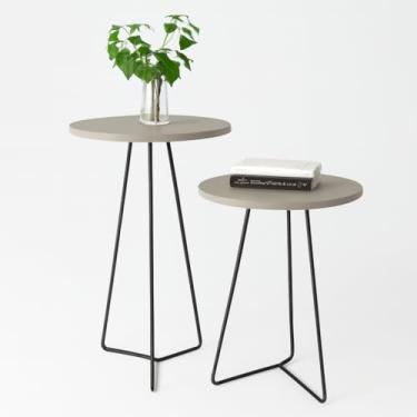 Imagem de Mesa de Canto para Sala, Mesa de Canto Industrial, Kit 2 Mesas Apoio Lateral Redonda Pés de Ferro Preto(Off-White)