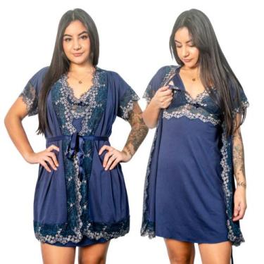 Imagem de Kit Robe Roupão e Camisola Amamentação Gestante Bicolor Pós Parto Luxu