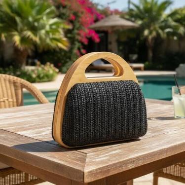 Imagem de Bolsa Feminina Palha Sintética Trançada Alça de Madeira Baú Alça Corre