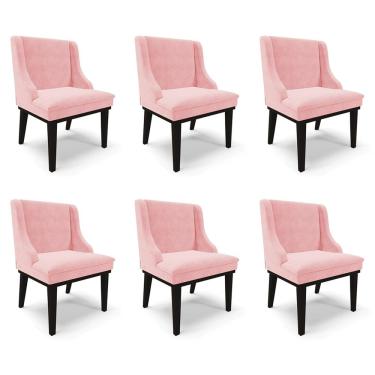 Imagem de Kit 6 Cadeiras Decorativas Sala de Jantar Base Fixa de Madeira Firenze Suede Rosa Bebê/Preto G19 - Gran Belo
