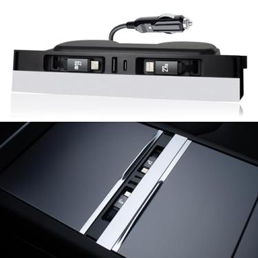 Imagem de Leikaendi Carregador USB de carro para Tesla com 2 cabos retráteis para modelo 3 Highland 2024-2025 e modelo Y Juniper 2025-2026, total de 137 W, acessórios para estação de ancoragem para console