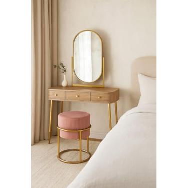 Imagem de Puff Redondo com Base de Ferro Dourada – Decoração Moderna e Sofisticada (Rosa)