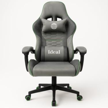 Imagem de Cadeira Gamer Gisratória em Veludo, Ajustável, Cinza com Detalhes em Verde