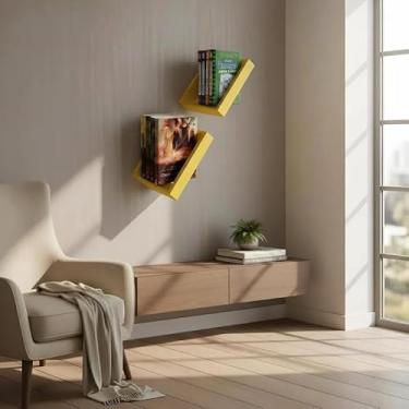 Imagem de Prateleira Porta Livros Suporte Estante Nicho Decorativo Parede 2 peças Amarelo Laca