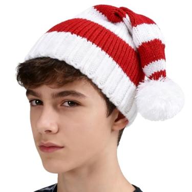 Imagem de Chapéu de Natal de malha para crianças, vermelho, branco, listrado, de Papai Noel, com pompom, gorro de crochê para festas festivas, Listrado, Children 3-14 years old