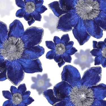 Imagem de Norme 15 peças de flores de poinsétia de veludo de Natal em 3 tamanhos, flor de magnólia artificial com glitter, enfeite de árvore de Natal com haste para decoração de casamento (azul)