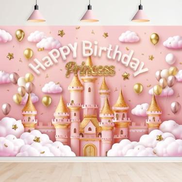 Imagem de Newsely Pano de fundo do castelo de princesa 7Wx5H fotografia balões de Goleden rosa pastel céu nublado fofo adorável fantasia fundo bonito fundo feminino decorações de festa banner cabine de fotos