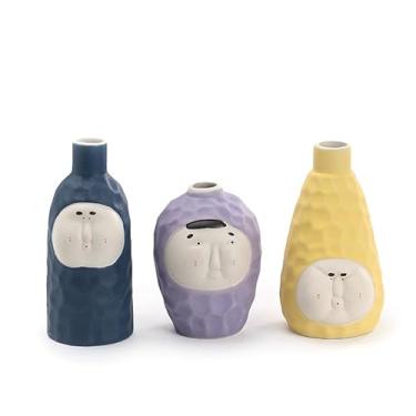 Imagem de TMTIOR Vaso de cerâmica com 3 peças de rosto engraçado – design de arte criativa, combinação de várias cores, adequado para sala de estar, quarto, escritório, adiciona personalidade e vitalidade – um