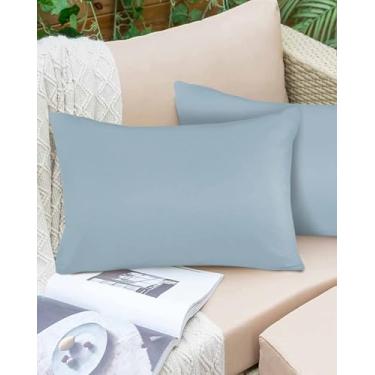 Imagem de Capas de almofada de inverno azul celeste à prova d'água para uso externo conjunto de 2 fronhas decorativas de cor sólida para ambientes externos 50 x 30 cm capa de almofada de pátio para sofá, cama e