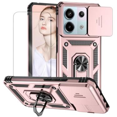 Imagem de Capa para Xiaomi Poco X6 e Redmi Note 13 Pro 5G Capinha | com 2 peças de protetor de tela temperado com janela deslizante da câmera e suporte para telefone incluídos - Rosa