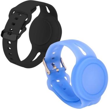 Imagem de 2 pulseiras para Airtag, pulseira de silicone macio à prova d'água com 4 peças de capas redondas rastreador GPS leve compatível com Apple AirTag para (preto, azul)
