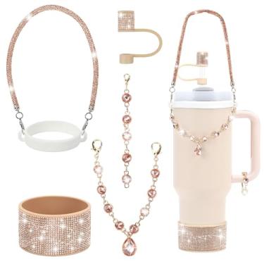 Imagem de 3tyto Conjunto de acessórios para copo Stanley de strass, capa de canudo brilhante de 1 cm, alça de alça de garrafa, pingentes de glitter, bota de silicone, 850 a 1,134 g (champanhe, serve para copo