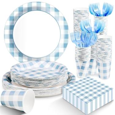 Imagem de EggSun Pratos e guardanapos de guingão azul, conjunto de talheres descartáveis azuis e brancos, pratos de papel xadrez xadrez para aniversário, família, jantar, piquenique, churrasco, decoração de chá