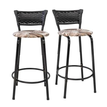 Imagem de Kit 2 Banco Para Bancada Cozinha Gourmet Estrutura Preta Encosto Junco Preto Balcão Ilha Bar Banqueta 60cm Itagold (Assento Floral Marrom)