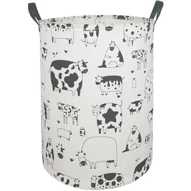 Imagem de KUNRO Cesto redondo de lavanderia cesta de armazenamento de brinquedos e roupas infantis cesta de presente para bebês caixas organizadoras de brinquedos para decoração de quarto (vaca)