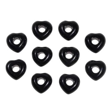 Imagem de Nupuyai Pacote com 10 contas de pedra de coração obsidiana preto com orifício grande para fabricação de joias, contas de coração vazadas para pulseira de berloques