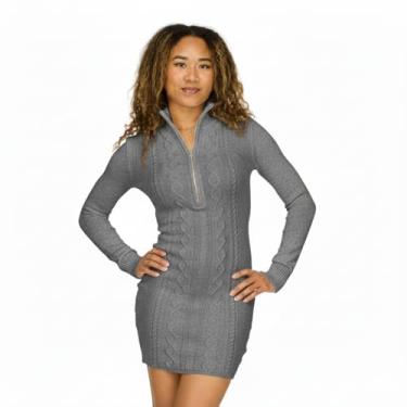 Imagem de Forever 21 Vestido suéter feminino com zíper 1/4 com gola e punhos na manga - malha de cabo, Cinza escuro, P