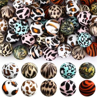 Imagem de Ferreve 60 contas de silicone de 15 mm a granel com estampa de leopardo redondas focais de borracha DIY contas soltas de silicone para kit de fabricação de pulseiras para chaveiros, canetas, colar