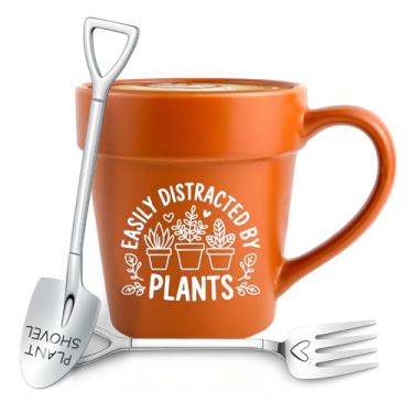 Imagem de Caneca Easily Distracted By Plants, presente de jardinagem engraçado com pá colher e garfo, xícara de café para amantes de plantas para mulheres, mãe, avó, apreciação exclusiva do professor e presente