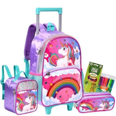 Imagem de Kit Mochila Carrinho Unicornio + Lancheira Termica + Estojo - Clio