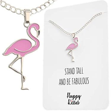 Imagem de Happy Kisses Colar de flamingo rosa com cartão de mensagem "Stand Tall and Be Fabulous" – Pingente para mulheres, crianças e meninas – Presente para mãe, esposa ou namorada – Pingente pequeno em ouro