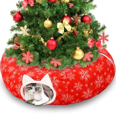 Imagem de Soulchen Cama de túnel de Natal para gatos de 0,8 m x 0,8 m x 26 cm, túnel circular de Natal, vermelho, verde, brinquedos fofos para animais de estimação com almofada circular lavável para gatinhos