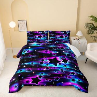 Imagem de QOOMO Conjunto de cama infantil Meteor, estrelas coloridas, para decoração de quarto de meninos, meninas e adolescentes, macio e leve, todas as estações, 1 edredom e 2 fronhas
