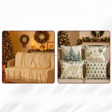 Imagem de Manta Sofa, Kit Capas de Almofada Digital Natalina Decoração Natal Sala(Manta Marfim + Floresta Nantal)