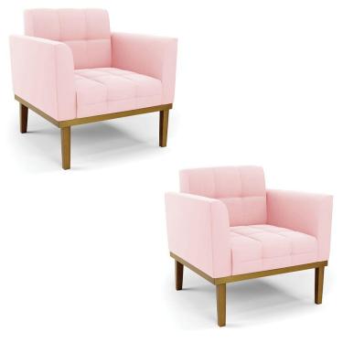 Imagem de Kit 2 Poltronas Decorativas Pés Fixo Em Madeira Castanho Suede Rosa Bebê