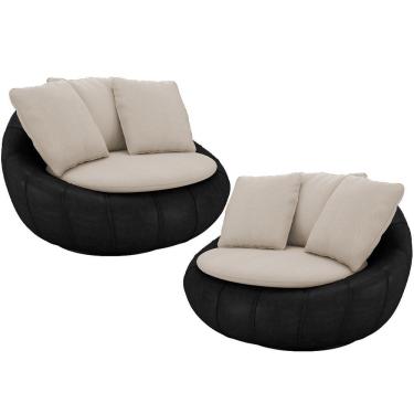 Imagem de Kit 02 Poltronas Para Sala De Estar Decorativa Giratória Kira Couríssimo Preto Linho Bege - Lyam Decor