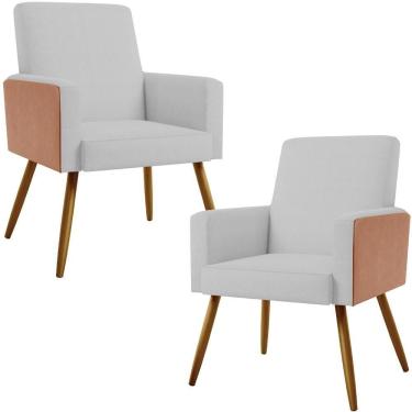 Imagem de Kit 02 Poltronas Pés Palito Linho Cinza Couríssimo Camel