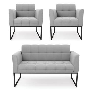 Imagem de Kit 1 Sofá Namoradeira E 2 Poltronas Elisa Suede Cinza Base Metálica Industrial Preto - D'rossi