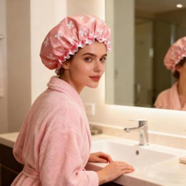 Imagem de 1 touca de banho em forma de laço, touca de banho feminina de camada dupla, proteção de cabelo espesso, óleo de cozinha e resistente à umidade