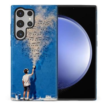 Imagem de CARLOCA Compatível com Samsung Galaxy S23 Ultra Full Body Protective Glossy Case para meninas meninos à prova de choque estética padrão legal menino desenho notas musicais parede azul