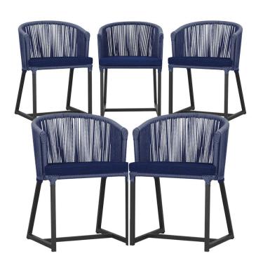 Imagem de 5 Cadeiras De Jantar Noronha Preta Corda Náutica E10 Trama Azul