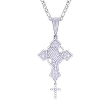 Imagem de ICEINX Colar com pingente de cruz dupla com mãos orando para homens e mulheres – crucifixo de moissanite de prata esterlina 925 com corrente fígaro de aço inoxidável de 61 cm, joia religiosa hip hop