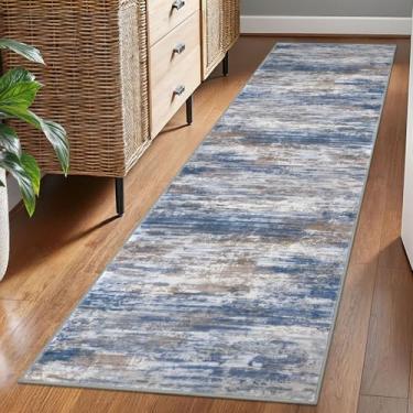 Imagem de KOZYFLY Tapete moderno abstrato lavável corredor 5 x 18 cm, tapete antiderrapante macio para cozinha, tapete listrado azul ferrugem para entrada, banheiro, lavanderia, hall de entrada