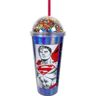 Imagem de Spoontiques Copo de acrílico Superman Dome Top, 567 g - topo de cúpula cheio de glitter com estatueta fechada e canudo reutilizável coordenado - copo de viagem com isolamento de parede dupla de 25,4