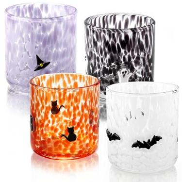 Imagem de Kimburg 4 peças de copos de vidro com ícone do Dia das Bruxas, fantasma de 473 ml, morcego, chapéu de feiticeiro, copos de outono com ícone de gato, copos de água de vidro, copos de café, copos de
