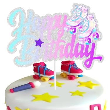 Imagem de Skate Rolando Feliz Aniversário Topo de Bolo Wing Roller Skate Conjunto temático de Aniversário Decoração de Bolo Rolando Meninos ou Meninas Retrô Colorido Hip Hop Decorações Suprimentos de Festa
