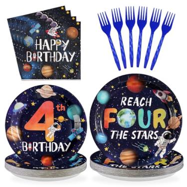 Imagem de Conjunto de utensílios de mesa descartáveis para meninos, galáxia, astronautas, planeta, decoração de festa de aniversário, 96 peças, alcance das quatro estrelas, para meninos, galáxia, astronautas