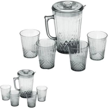 Imagem de Conjunto de Jarra com Tampa e 4 Copos, Acrílico Transparente, Jarra 2000ml com 25cm Altura, Copos 270ml, Design em Relevo