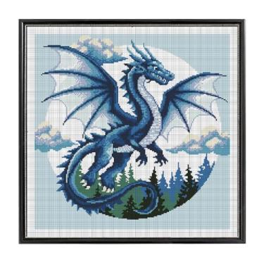 Imagem de FREEBLOSS Kits de ponto cruz de 11 quilates para iniciantes kit de ponto cruz estampado com dragão paisagem DIY bordado kit de pintura de parede com instruções 45 x 45 cm