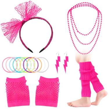 Imagem de Bluckincle Acessórios rosa neon dos anos 80, roupa feminina dos anos 80 - fantasia de Halloween, fantasias de senhora rosa, luvas arrastão, roupas neon para decorações de festas temáticas, roupas de