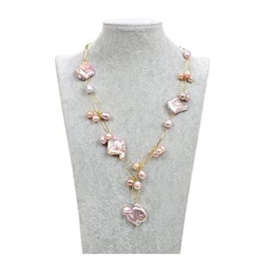 Imagem de URMIBDAI Colares femininos joias 53 cm roxo pérola moeda quadrada Keshi colar de pérolas para mulheres