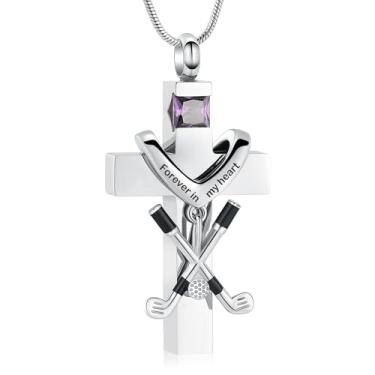 Imagem de zeqingjw Colar de urna com cruz para cinzas, pedra do mês de nascimento, cremação, tacos de golfe, joias para cinzas, lembrança de cinzas, pingente de cinzas de aço inoxidável, suporte de cinzas para