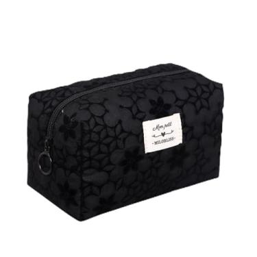 Imagem de Bolsa de maquiagem floral feminina portátil de grande capacidade bolsa organizadora interna de armazenamento de moedas, Preto, Cosmetic_case
